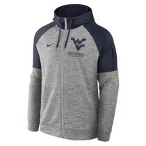 Dark grey heather WVU Nike full zip hoodie with grey heather body and lower sleeves, navy hood, shoulders, and upper sleeves, and a Flying WV Logo over West Virginia left chest screen print